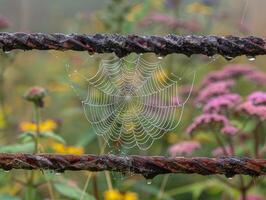 Intricate spider web with dew drops photo