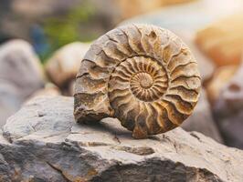 ancient ammonite fossil on rocky surface photo