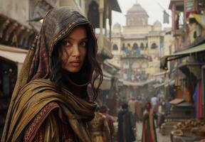 woman in traditional middle eastern clothing in a busy marketplace photo