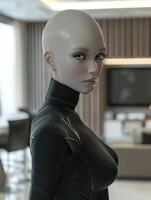 Futuristic android portrait in modern interior photo