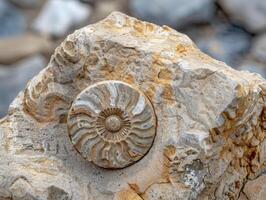 Fossilized ammonite shell embedded in rock photo