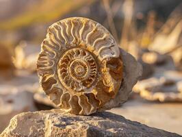 Fossilized ammonite shell with intricate spiral pattern photo