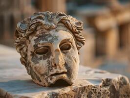 Weathered ancient stone mask with intricate patterns photo