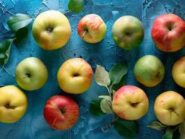 Assortment of fresh apples on a blue background photo