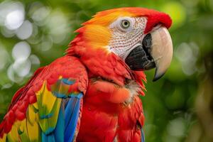 Vibrant red parrot with yellow and blue feathers photo