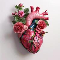 anatomical heart with pink roses photo