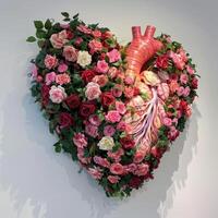 Floral heart shaped wreath with roses and greenery photo