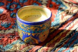 colorful patterned mug with hot beverage photo