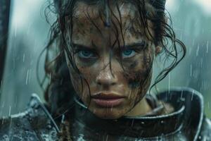 Intense gaze of a rugged warrior in the rain photo