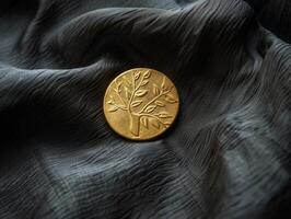 golden coin with leaf pattern on dark fabric photo