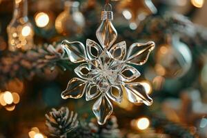 Sparkling crystal snowflake ornament on christmas tree photo