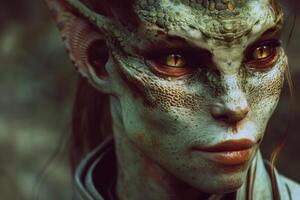 Mysterious alien face with intricate reptilian features photo