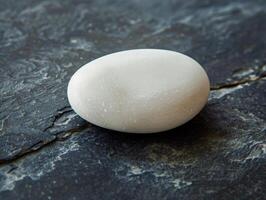 Closeup of a large white egg on a dark slate surface photo