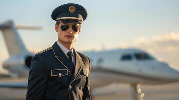 Confident military pilot in uniform and sunglasses standing in front of airplane photo