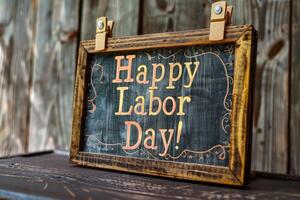 Rustic wooden sign with happy labor day text photo