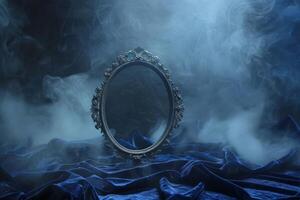 Ornate mirror in mystical smoke filled atmosphere photo