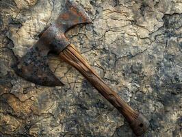 Rustic axe on cracked stone background photo