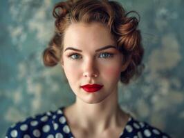 Retro style portrait of a woman with curled hair and red lipstick photo
