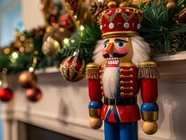 festive nutcracker figurine on christmas tree photo