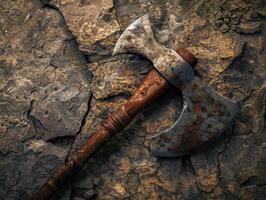 Rustic axe on rocky surface photo