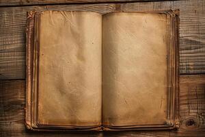 open vintage book on wooden background photo
