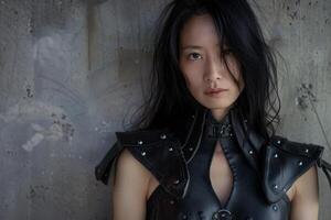 Mysterious woman in black leather jacket photo