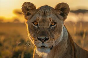 close up portrait of a majestic lion at sunset photo