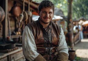 Portrait of a rugged medieval man in a rustic setting photo