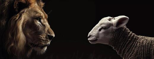 Powerful lion and vulnerable lamb facing off photo