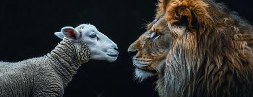 Powerful lion and sheep face to face photo
