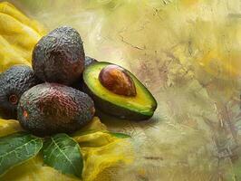 Ripe avocados with fresh leaves photo