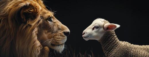 Lion and lamb facing each other photo