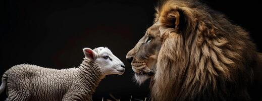 Powerful lion and innocent lamb face to face photo
