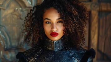 Confident woman with curly hair and red lips photo