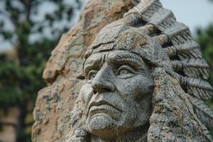 ancient stone carving face in nature photo