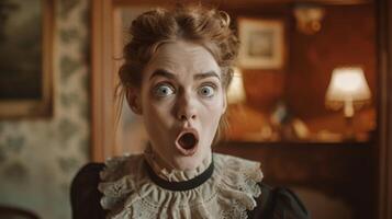 Surprised woman with wide eyes and open mouth photo
