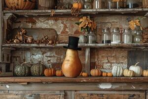 Autumn decor on rustic shelves photo