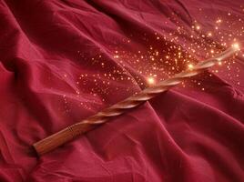 Magical wand with sparkling lights on red fabric photo