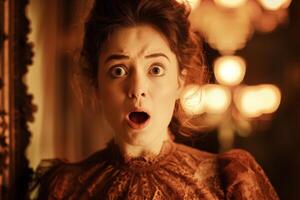 Surprised woman with wide eyes and open mouth photo