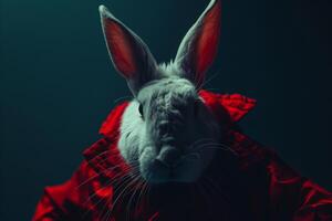 close up of a rabbit with red fabric photo