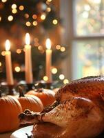 cozy holiday scene with roasted turkey, pumpkins, and candles photo