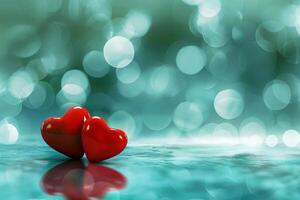 Romantic red hearts on a blurred turquoise background photo