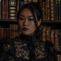 Mysterious woman in dark library setting photo