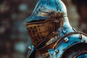 Weathered medieval knights helmet photo