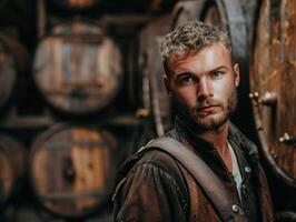 Rugged man with beard in rustic setting photo