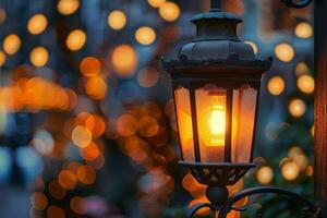Glowing lantern in winter wonderland photo