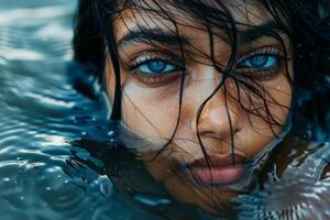 Captivating close up of a person with striking blue eyes and windswept hair photo