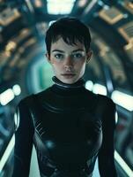 futuristic android portrait in dark environment photo