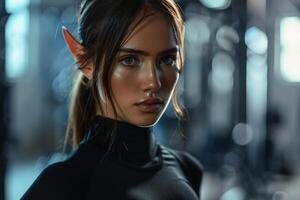 Mysterious woman with elf like features in a dark setting photo