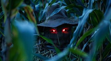 Mysterious figure with glowing red eyes in the dark forest photo